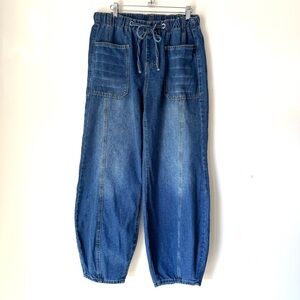 Balloon Leg Pull On Blue Jeans with tie waist patch pockets Lagenlook